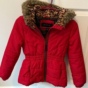 Stylish Red Kids Puffer Jacket with Faux Fur Trim